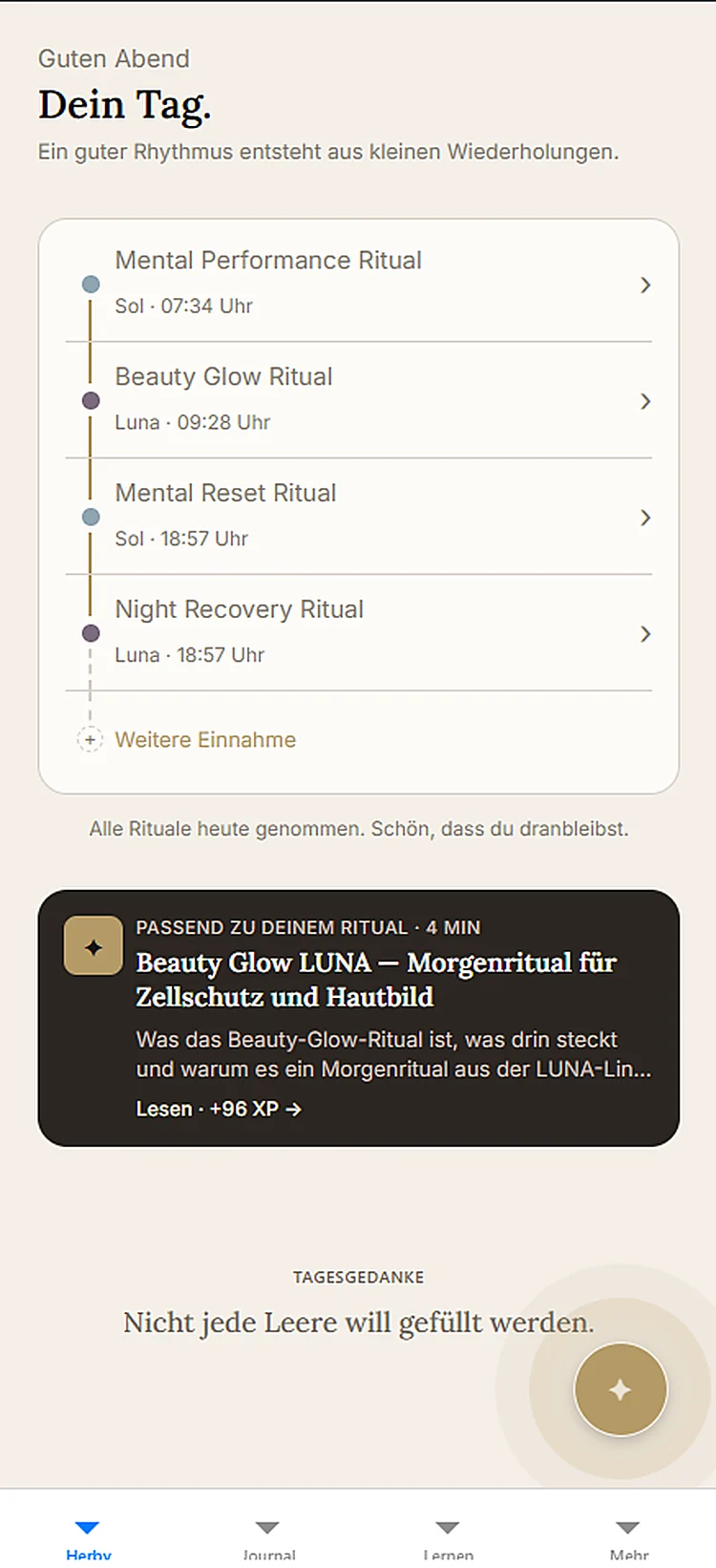 HERBYA App — Tagesübersicht mit Ritual-Zeitleiste