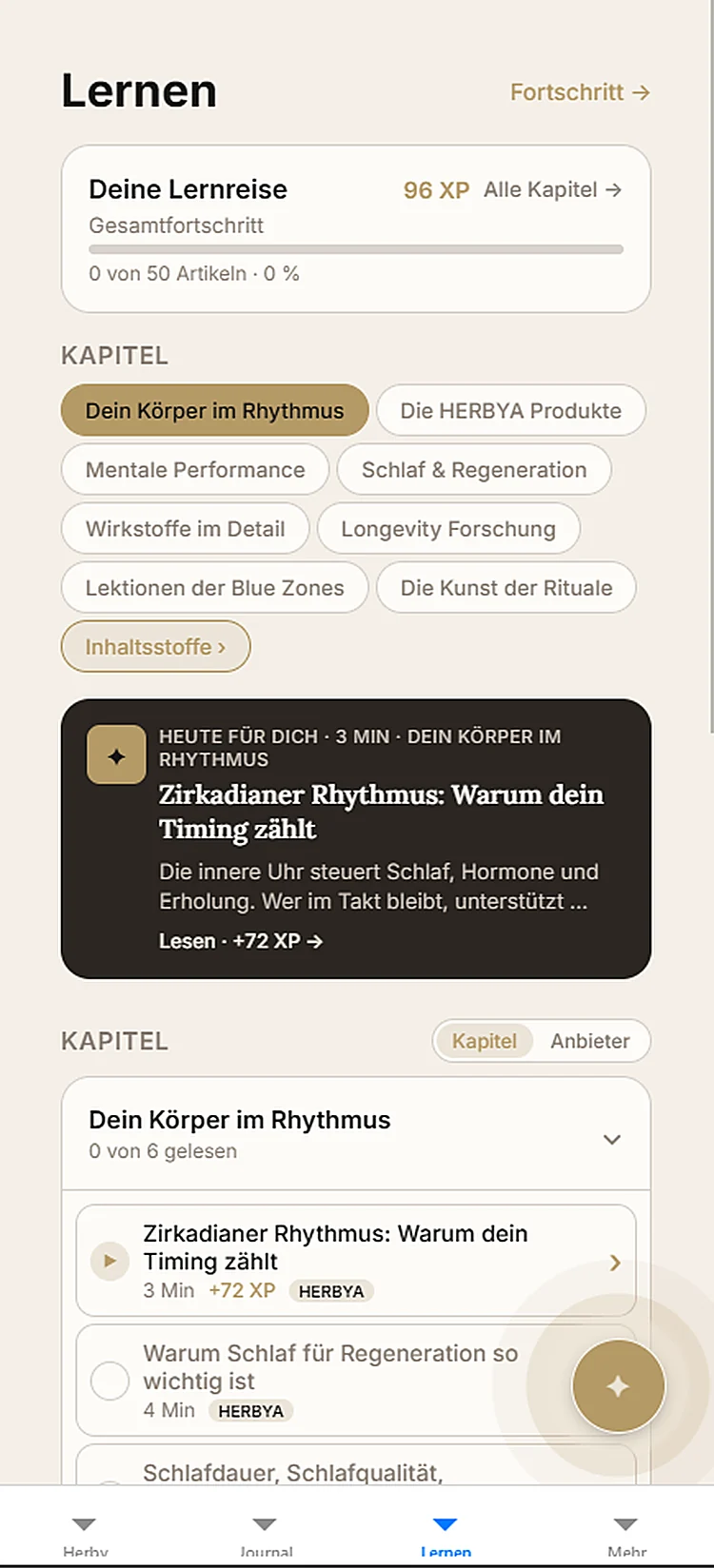 HERBYA App — Lernbereich mit Kapiteln und Lesefortschritt
