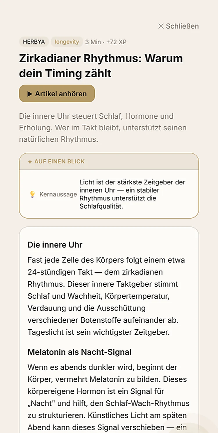 HERBYA App — Artikelansicht mit Kernaussage und Quellentext